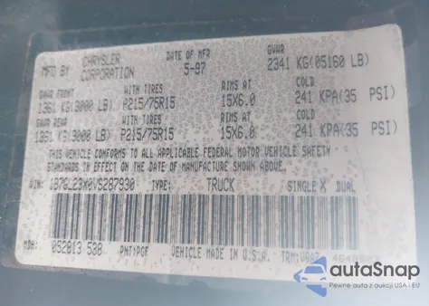 1997 Dodge Dakota Slt/Sport from USA, damaged, VIN 1B7GL23X0VS287930